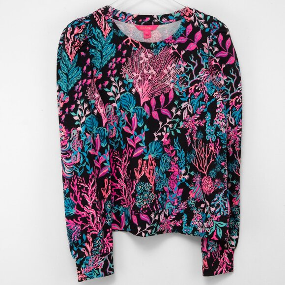 Lilly Pulitzer Jansen Sweatshirt Onyx Twilight Coral Black Multicolor Medium New - Picture 2 of 8